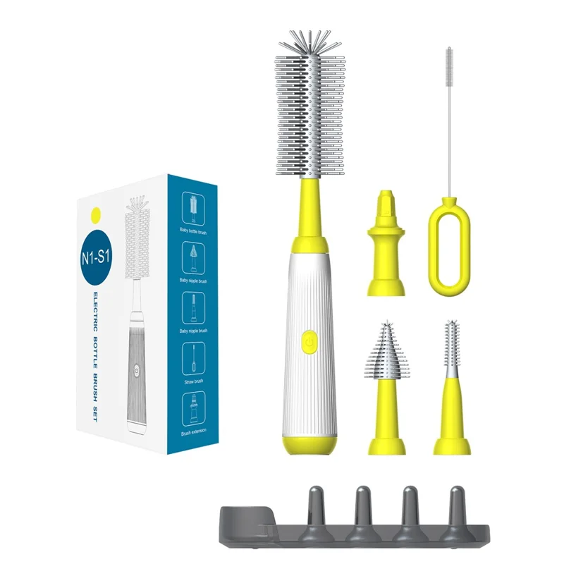 N1-S1 360 Degree Rotatable Electric Baby Bottle Brush Set Portable Pacifier Cleaner with Storage Rack (BPA Free, No FDA) - Yellow