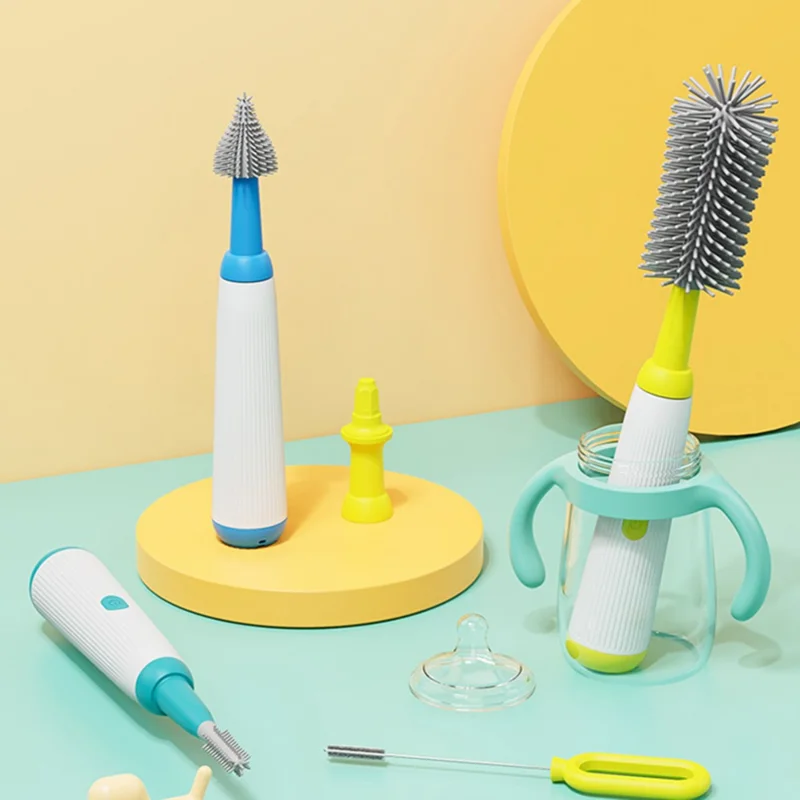 N1-S1 360 Degree Rotatable Electric Baby Bottle Brush Set Portable Pacifier Cleaner with Storage Rack (BPA Free, No FDA) - Yellow
