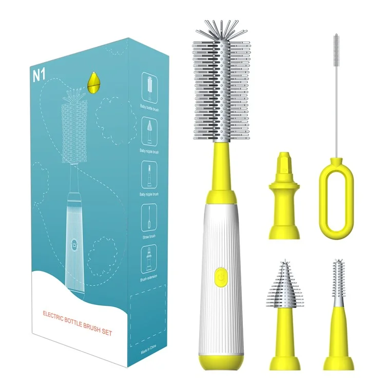 N1 360 Degree Rotatable Electric Baby Bottle Brush Set Portable Pacifier Cleaner without Storage Rack (BPA Free, No FDA) - Yellow