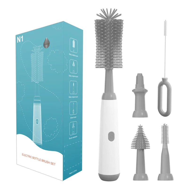 Conjunto de Escova Elétrica Giratória 360° para Mamadeira N1, Limpador de Chupetas Portátil sem Suporte de Armazenamento (Livre de BPA, Sem FDA) - Cinza