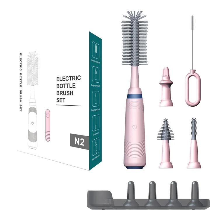 N2 Portable Pacifier Cleaner Kit with Storage Rack 360 Degree Rotatable Electric Baby Bottle Brush Set (BPA Free, No FDA) - Pink