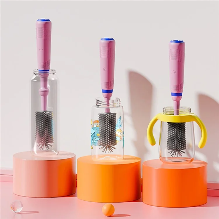 N2 Portable Pacifier Cleaner Kit with Storage Rack 360 Degree Rotatable Electric Baby Bottle Brush Set (BPA Free, No FDA) - Pink