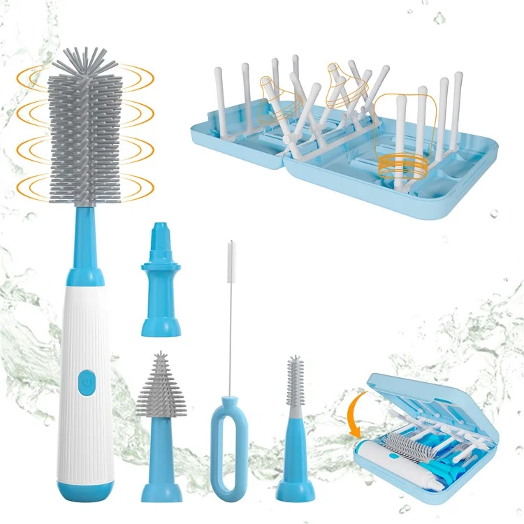 NB3 Portable Electric Baby Bottle Brush Set for Home Travel Pacifier Cleaner with Draining Rack (BPA Free, No FDA) - White+Blue