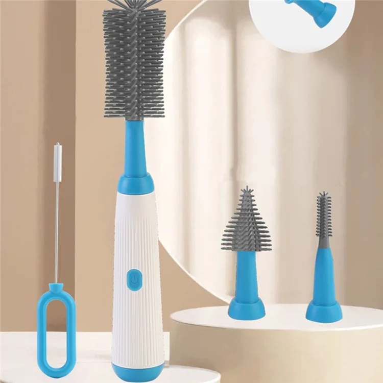 NB3 Portable Electric Baby Bottle Brush Set for Home Travel Pacifier Cleaner with Draining Rack (BPA Free, No FDA) - White+Blue
