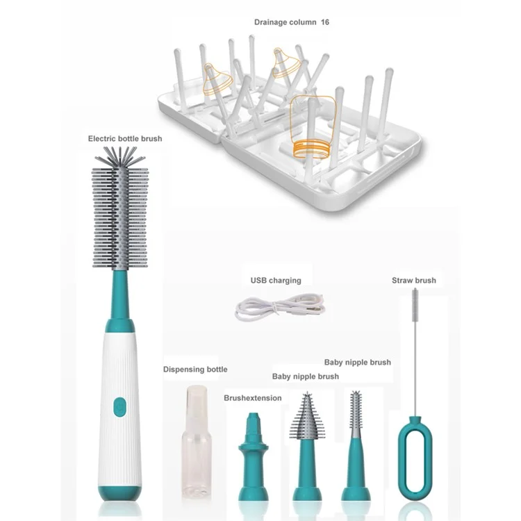 NB3 Portable Electric Baby Bottle Brush Set for Home Travel Pacifier Cleaner with Draining Rack (BPA Free, No FDA) - White+Blue