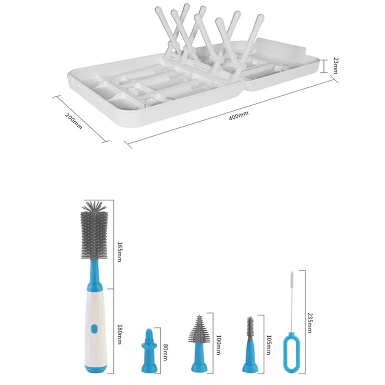 NB3 Portable Electric Baby Bottle Brush Set for Home Travel Pacifier Cleaner with Draining Rack (BPA Free, No FDA) - White+Blue