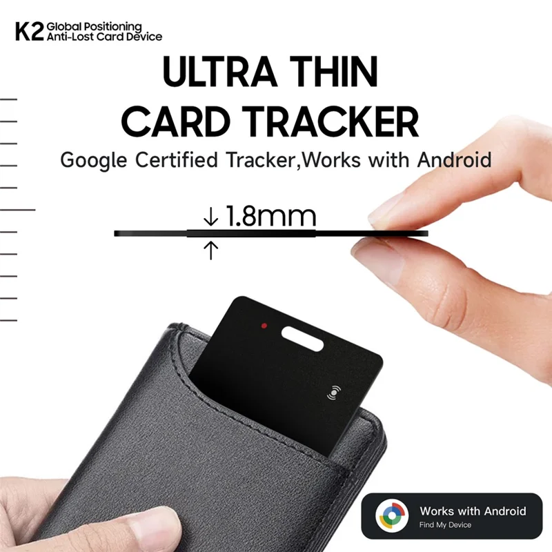K2 Tracker Portatile Certificato Google in Stile Carta per Posizionamento Globale - Localizzatore Anti-Smarrimento per Animali Domestici - Nero