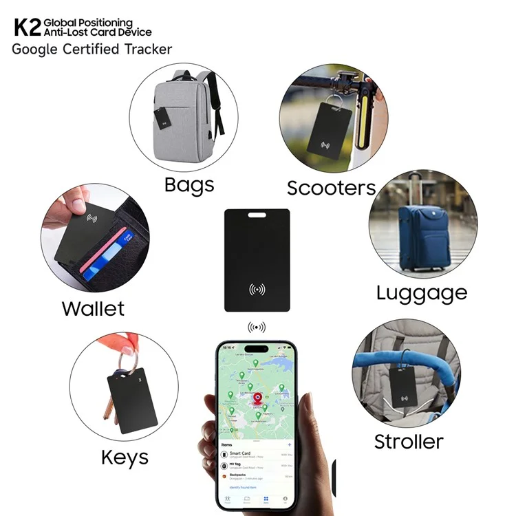 K2 Tracker Portatile Certificato Google in Stile Carta per Posizionamento Globale - Localizzatore Anti-Smarrimento per Animali Domestici - Nero