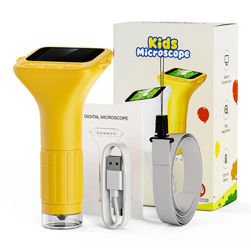 375 2 Inch IPS Screen 1000x Magnification Handheld Digital Microscope with LED Light for Children - Yellow