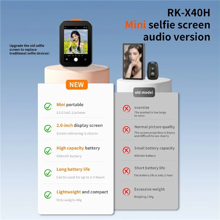 X40H Mini 2 Inch Screen Selfie Screen Mirroring Device Bluetooth-Compatible Photo Capture Device with Sound