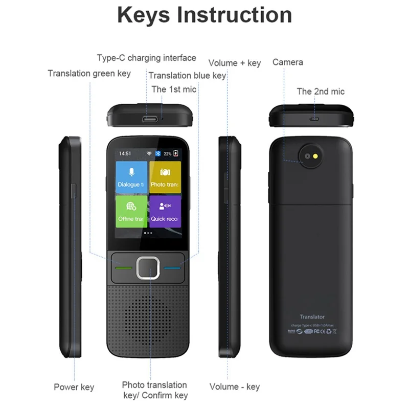 Traduttore vocale intelligente T10 da 2,4 pollici, dispositivo di traduzione multilingue con WiFi e traduzione foto, memoria da 1+8GB - Nero