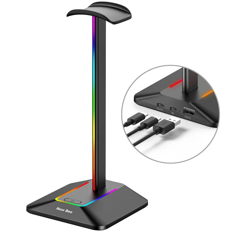 NEW BEE Z8 RGB Kopfhörerständer mit USB + Type-C Erweiterungshub Gaming Headset Halter Displayständer - Schwarz