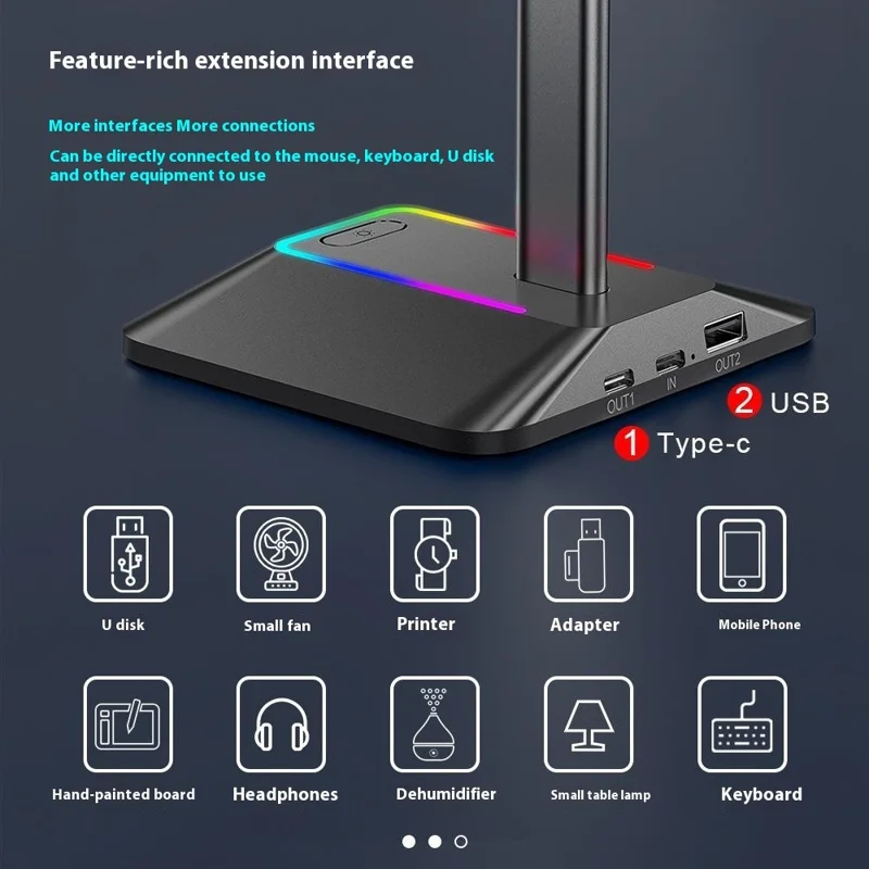 NEW BEE Z8 RGB Kopfhörerständer mit USB + Type-C Erweiterungshub Gaming Headset Halter Displayständer - Schwarz