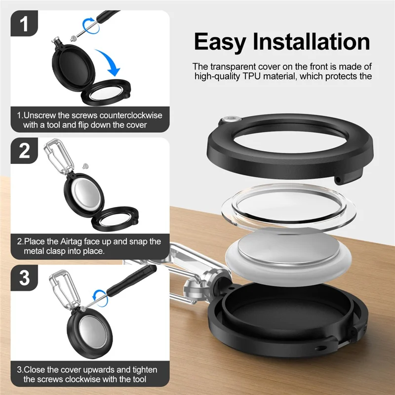 For AirTag Protective Case Full Enclosure Waterproof PC Cover with Hook - Black