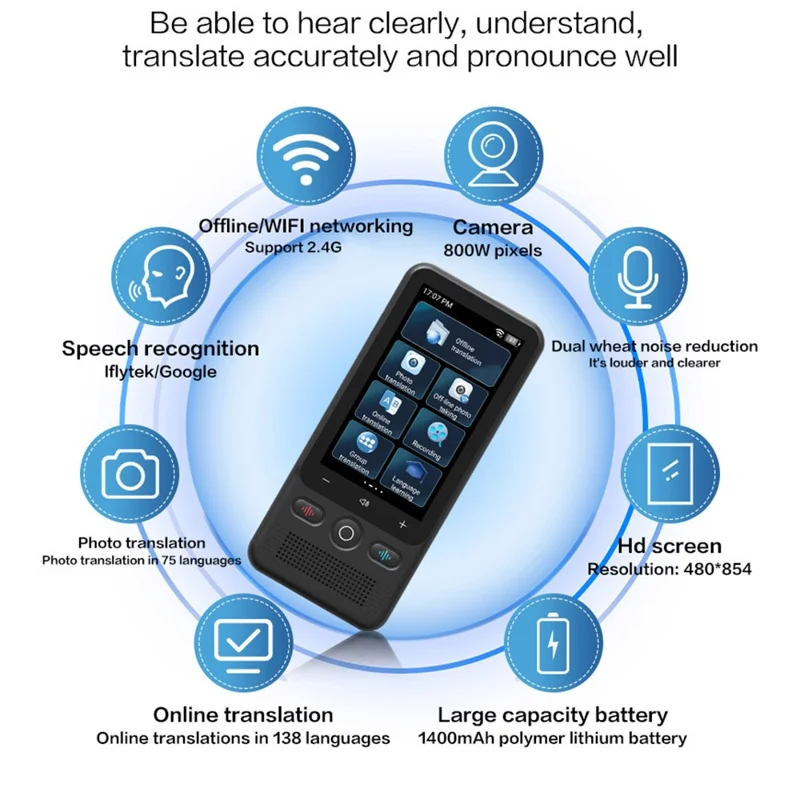 T18 Traduttore vocale intelligente con schermo HD da 3 pollici, 138 lingue, traduzione online/offline e foto, 1+16GB