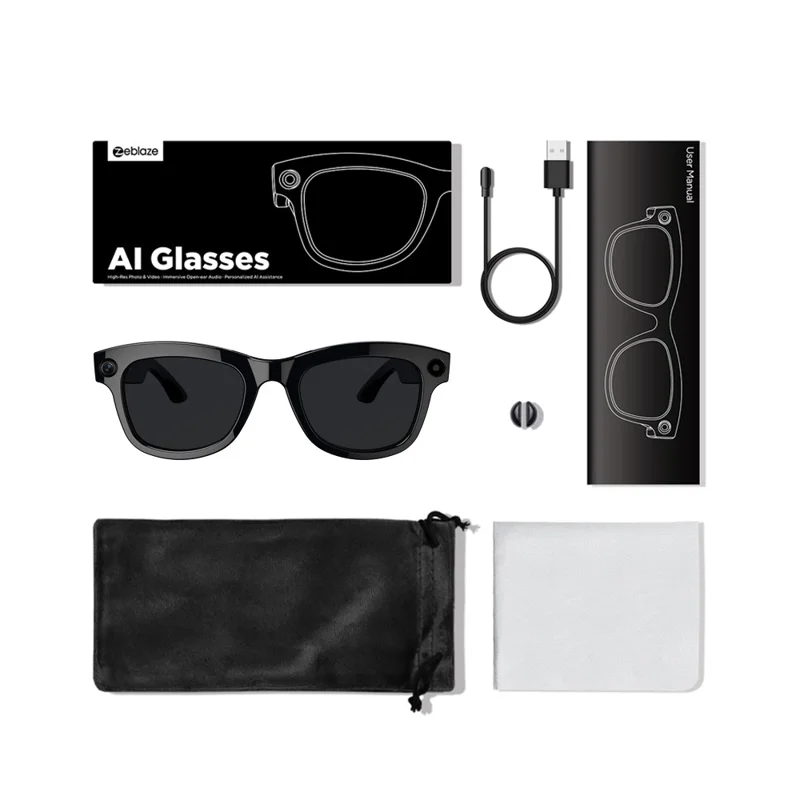 ZEBLAZE AI Translation Eyewear HD Photo Video Calling Smart Glasses with Camera Intelligent Eyewear - Black Lens