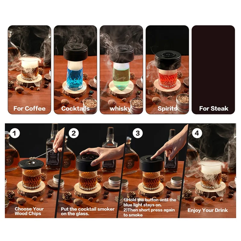 QY-503 Whisky-Champagner Rauch Infuser Elektrischer Cocktail Raucher mit LED-Beleuchtung 4 Modi zur Geschmacksverstärkung von Getränken