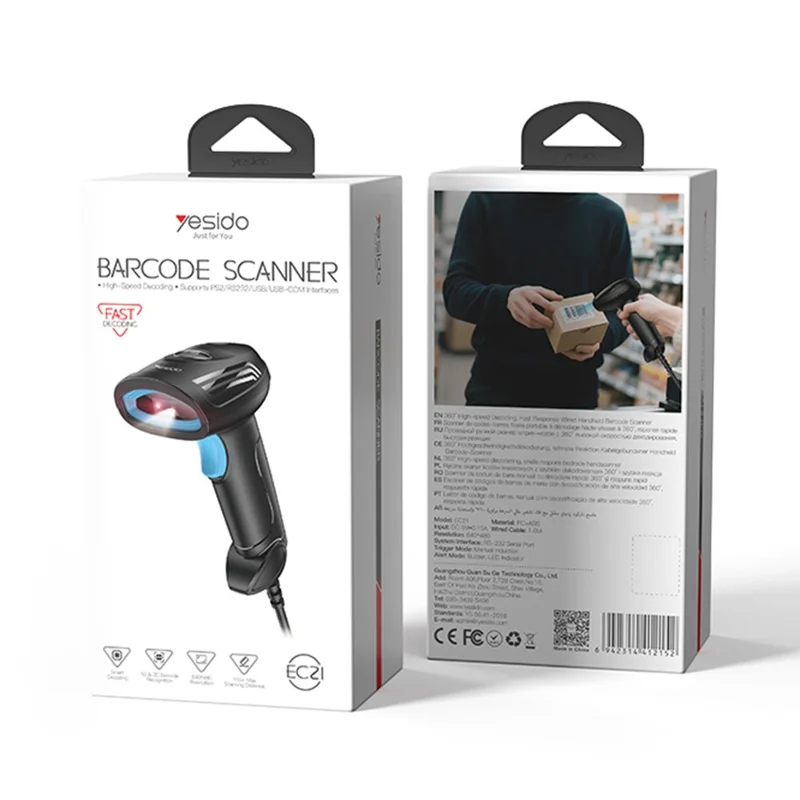 YESIDO EC21 1D 2D Lettore di Codici a Barre Manuale Cablato con Scanner 1,6m per Scansione di Codici