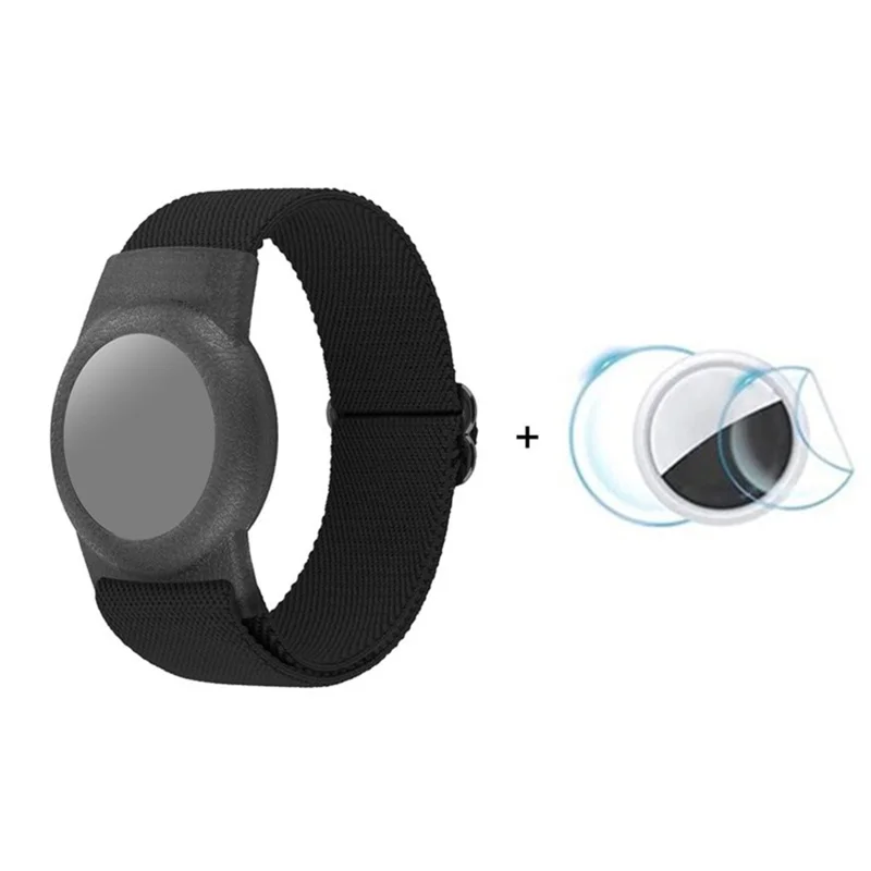 Für AirTag Schutzhülle Smarter Tracker Nylon Elastisches Armband mit Vorder- / Rückseite Schutzfolie - Schwarz
