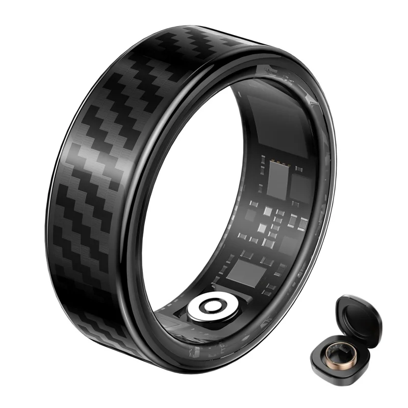 Bague intelligente multifonction SY02 avec motif en fibre de carbone, suivi du sommeil, oxymètre de pouls et moniteur de fréquence cardiaque, avec boîtier de charge - Noir / Taille 7