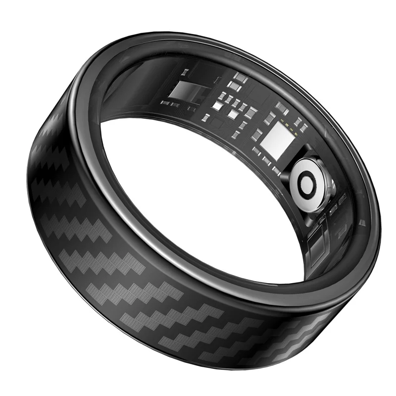 Bague intelligente multifonction SY02 avec motif en fibre de carbone, suivi du sommeil, oxymètre de pouls et moniteur de fréquence cardiaque, avec boîtier de charge - Noir / Taille 7