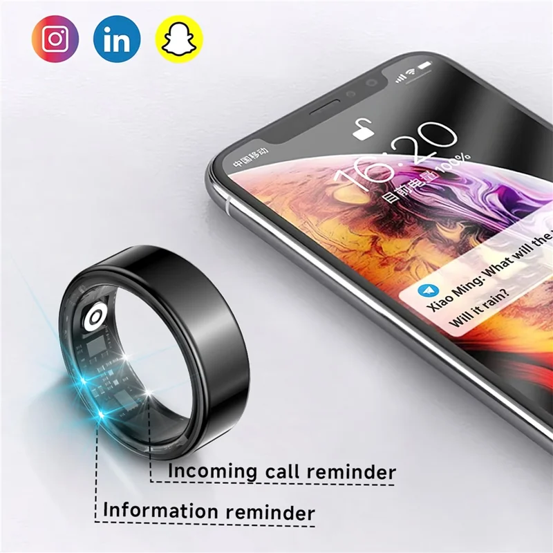 SY02 Anillo Inteligente de Color Sólido Multifunción para Seguimiento del Sueño, Monitor de Oxígeno en Sangre y Frecuencia Cardíaca, con Estuche de Carga - Negro / Talla 7