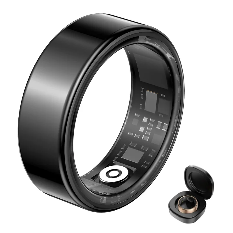 Anillo inteligente de color sólido SY02 Multifunción Monitor de sueño, saturación de oxígeno en sangre y frecuencia cardíaca, con estuche de carga - Negro / Talla 12