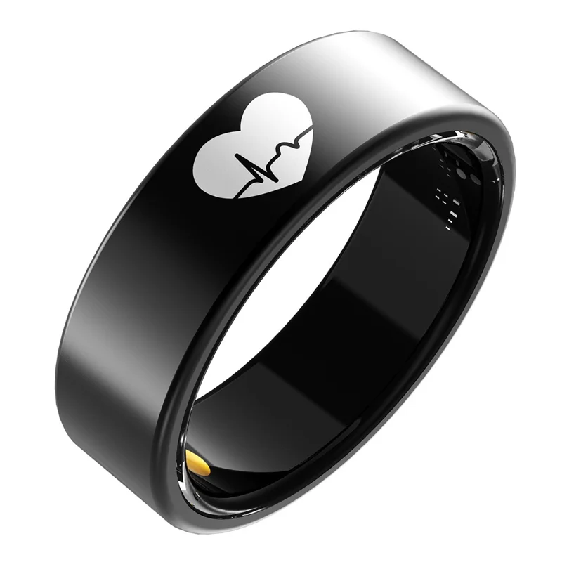 Bague intelligente R30 avec motif en cœur - Tracker ECG, fréquence cardiaque, oxygène sanguin, pression artérielle et sommeil, avec étui de chargement - Noir / Taille 7