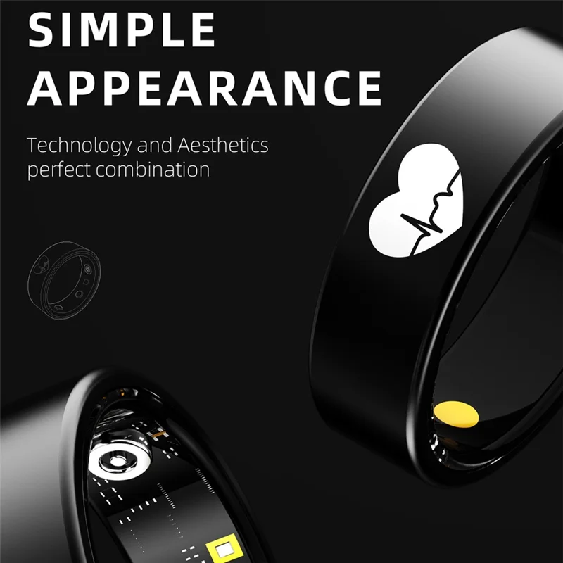 Bague intelligente R30 avec motif en cœur - Tracker ECG, fréquence cardiaque, oxygène sanguin, pression artérielle et sommeil, avec étui de chargement - Noir / Taille 7