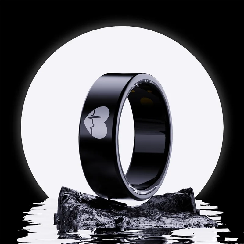 Bague intelligente R30 avec motif en cœur - Tracker ECG, fréquence cardiaque, oxygène sanguin, pression artérielle et sommeil, avec étui de chargement - Noir / Taille 7
