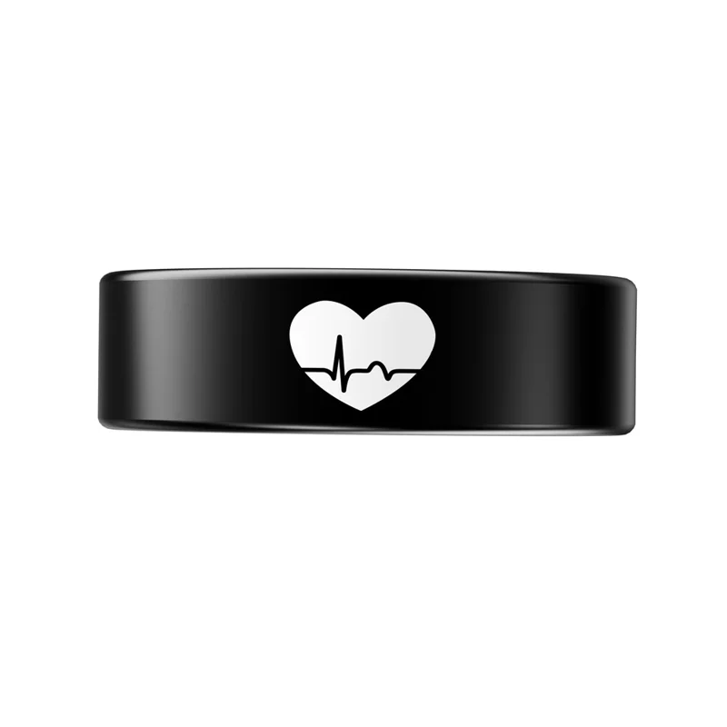 Bague intelligente R30 avec motif en cœur - Tracker ECG, fréquence cardiaque, oxygène sanguin, pression artérielle et sommeil, avec étui de chargement - Noir / Taille 7
