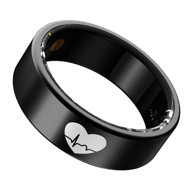 Bague intelligente R30 avec motif en cœur - Tracker ECG, fréquence cardiaque, oxygène sanguin, pression artérielle et sommeil, avec étui de chargement - Noir / Taille 7