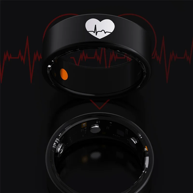 Bague intelligente R30 avec motif en cœur - Tracker ECG, fréquence cardiaque, oxygène sanguin, pression artérielle et sommeil, avec étui de chargement - Noir / Taille 7