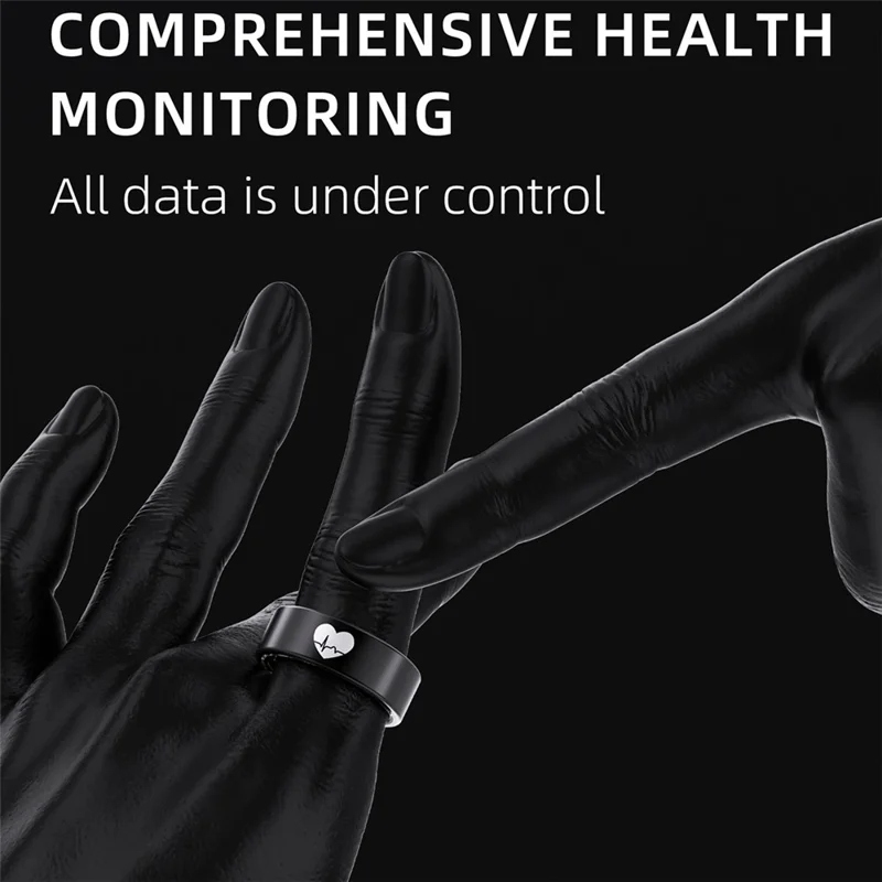 Bague intelligente R30 avec motif en cœur - Tracker ECG, fréquence cardiaque, oxygène sanguin, pression artérielle et sommeil, avec étui de chargement - Noir / Taille 7