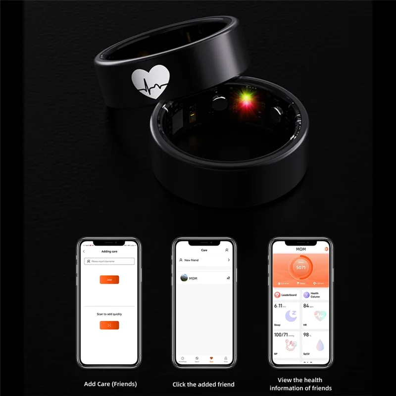 R30 Heart Pattern Smart Ring Waterproof ECG Heart Rate Blood Oxygen Blood Pressure Sleep Tracker, with Charging Case - Black / Size 9