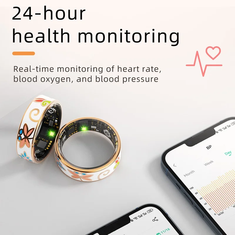 Bague intelligente en émail R18 étanche Moniteur de fréquence cardiaque et d'oxygène sanguin, Tracker de fitness avec étui de charge - Taille 7