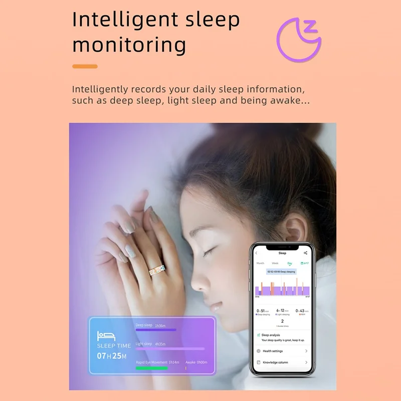 Bague intelligente en émail R18 étanche Moniteur de fréquence cardiaque et d'oxygène sanguin, Tracker de fitness avec étui de charge - Taille 7