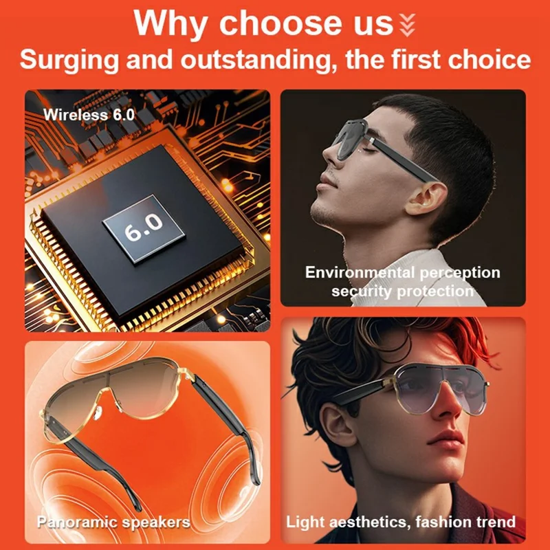 A17 Stainless Steel Large Frame Smart Glasses AI Translation Bluetooth-compatible Audio Sunglasses - Gold
