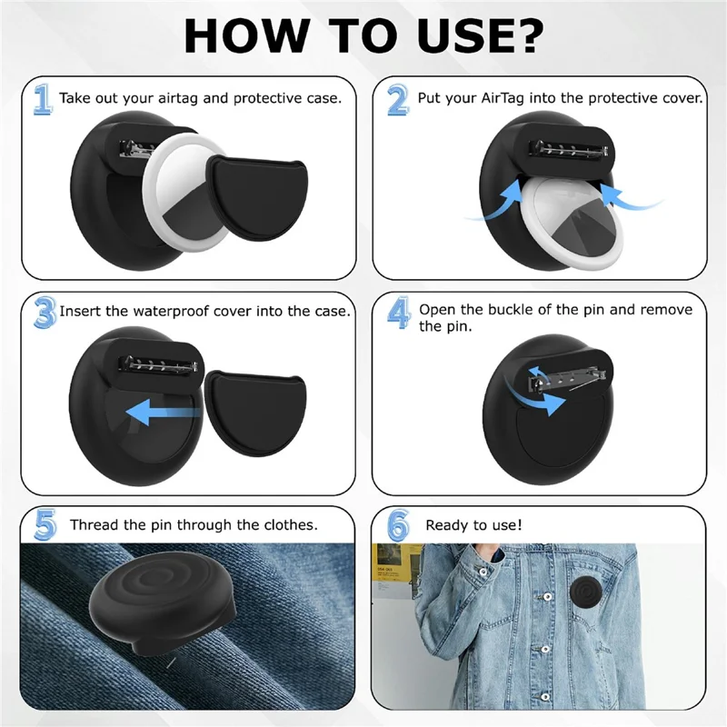 For Apple AirTag Protective Case Smart Tracker Waterproof Cover Wave Brooch Design with Front / Back Films - Black