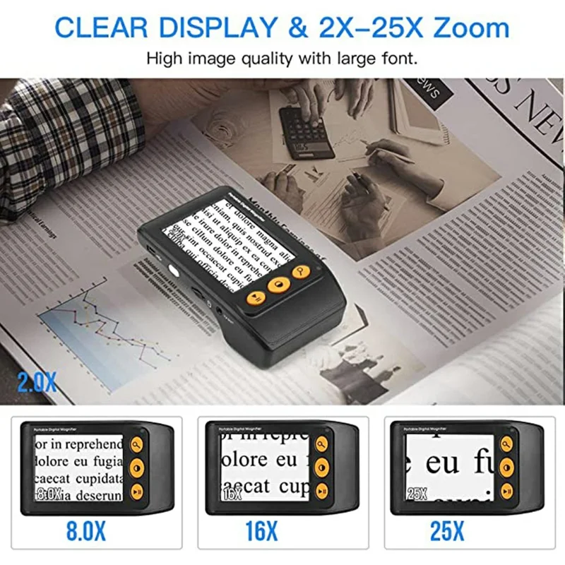 YS008 Lupa Electrónica de 3,5 Pulgadas 2-25X para Personas con Baja Visión, Lectura de Periódicos y Libros - Negro