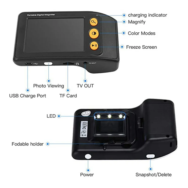 YS008 Lupa Electrónica de 3,5 Pulgadas 2-25X para Personas con Baja Visión, Lectura de Periódicos y Libros - Negro