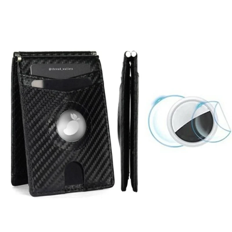 For Apple AirTag Protector RFID Blocking Wallet 9 Card Slots 2 ID Windows Leather Card Bag - Carbon Fiber Texture