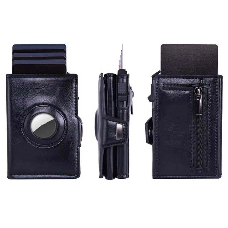 For Apple AirTag Protector Leather Wallet RFID Blocking Multi Card Holder ID Organizer - Black