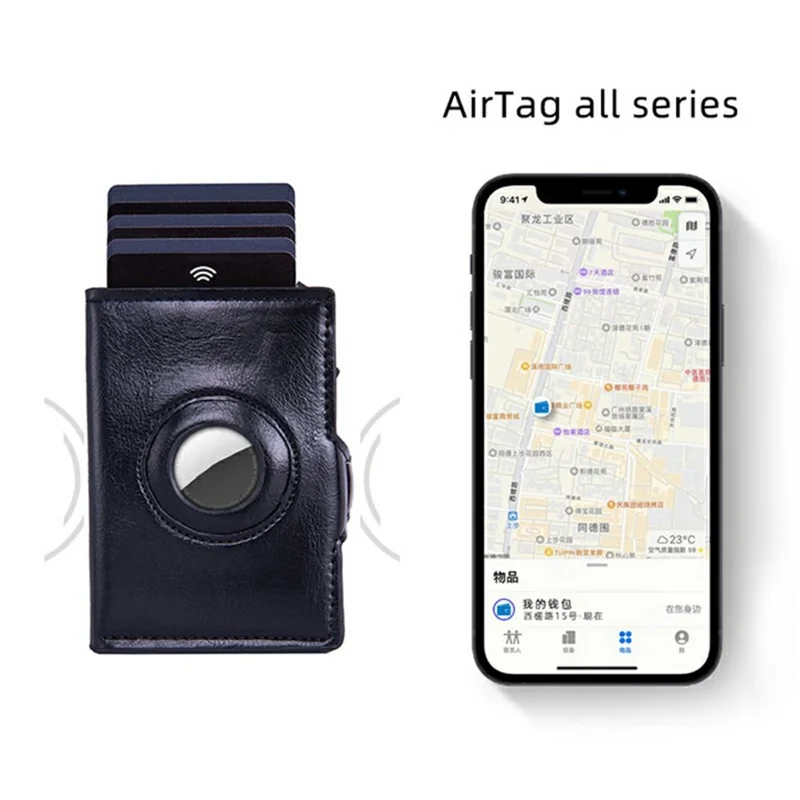 For Apple AirTag Protector Leather Wallet RFID Blocking Multi Card Holder ID Organizer - Black