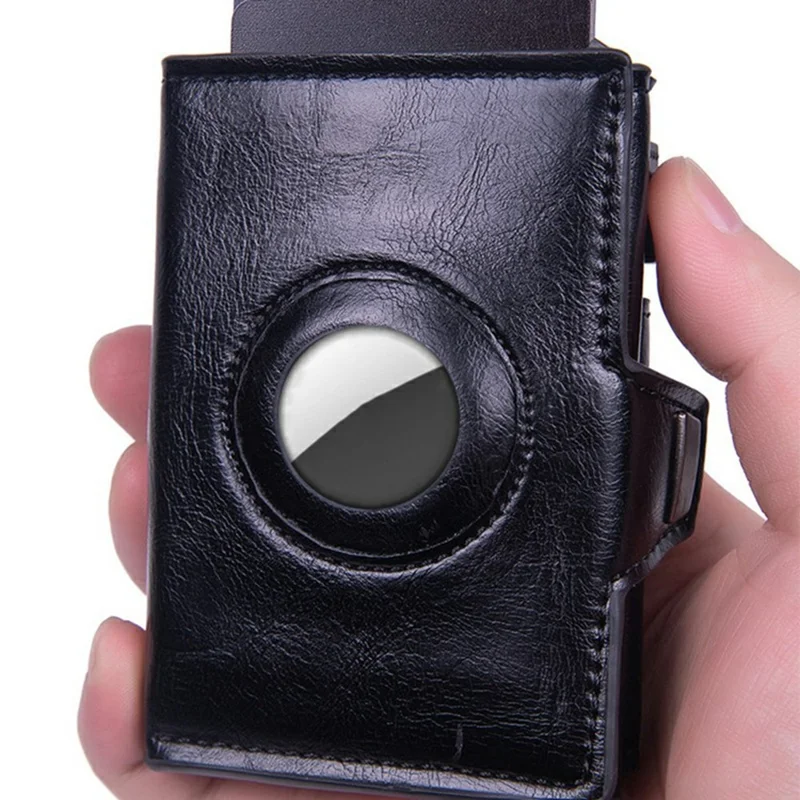 For Apple AirTag Protector Leather Wallet RFID Blocking Multi Card Holder ID Organizer - Black