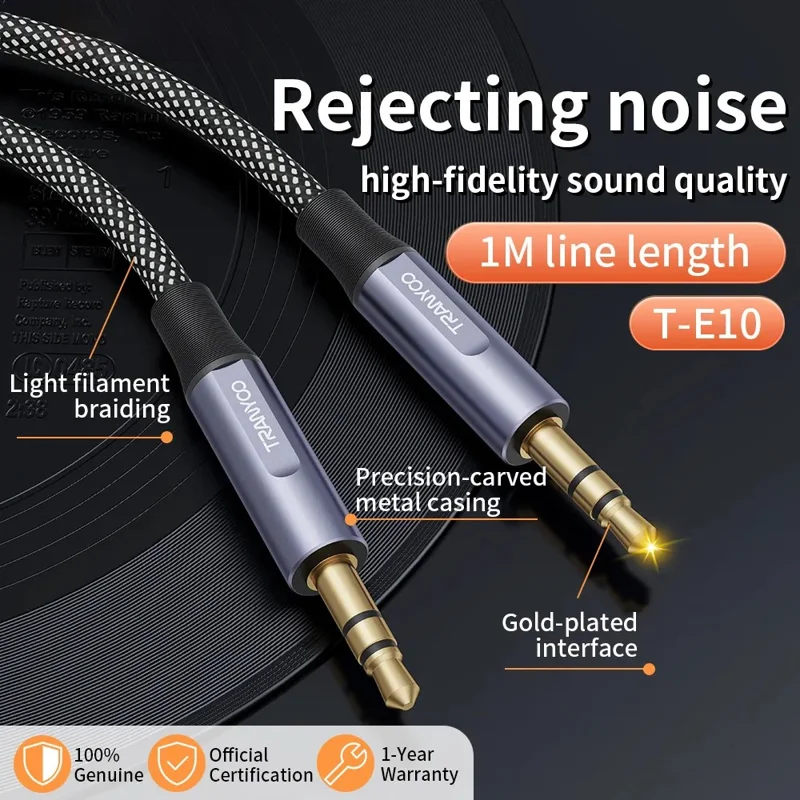 Câble audio TRANYOO T-E10 3,5 mm - 1 m, son HD, câble auxiliaire tressé avec connecteur plaqué or