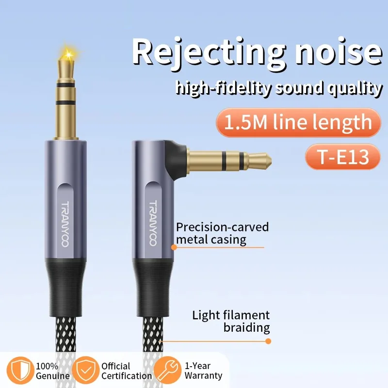 TRANYOO T-E13 Cavo Audio da 3,5 mm Cavo ad Angolo di 90 Gradi da 1,5 m Intrecciato Aux Cord Alta Definizione Audio