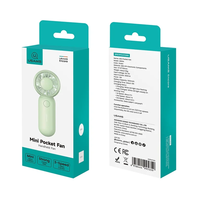 USAMS ZB354 Mini Pocket Fan Portable USB Rechargeable 3 Speed Settings Handheld Cooling Fan - White