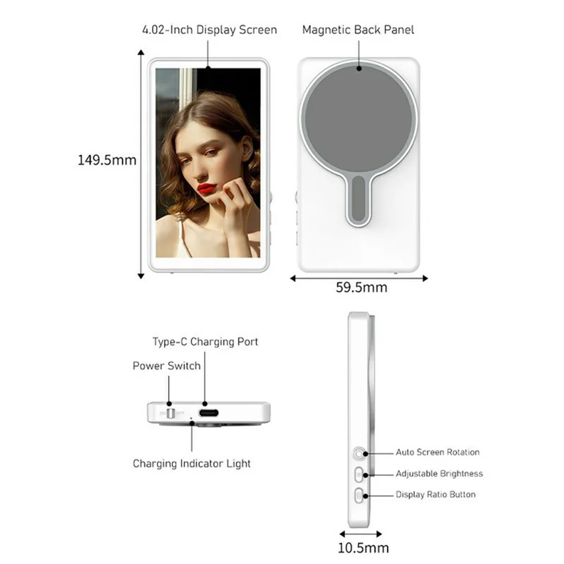 T1 per Smartphone Schermo di Visualizzazione Magnetico Posteriore Dispositivo di Mirroring con WiFi 2.4G / 5G Modalità Doppia Monitor Selfie - Bianco