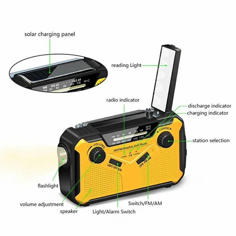 369 Multifunction Outdoor Emergency Radio Hand Crank / Solar Bluetooth-compatible Speaker with LED Flashlight, European Version - Yellow